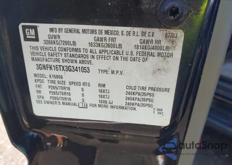 2003 Chevrolet Suburban K1500 from USA, damaged, VIN 3GNFK16TX3G341053